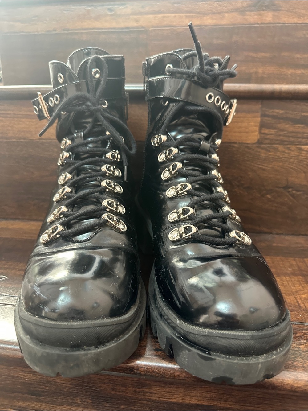 Jeffrey Campbell Black Patent Lace-Up Lug Boot with Buckle - Picture 5 of 9